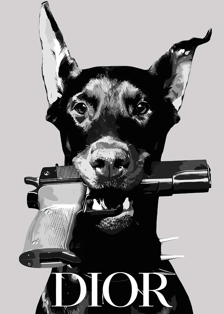 Doberman with Gun and Dior Logo metal poster artwork
